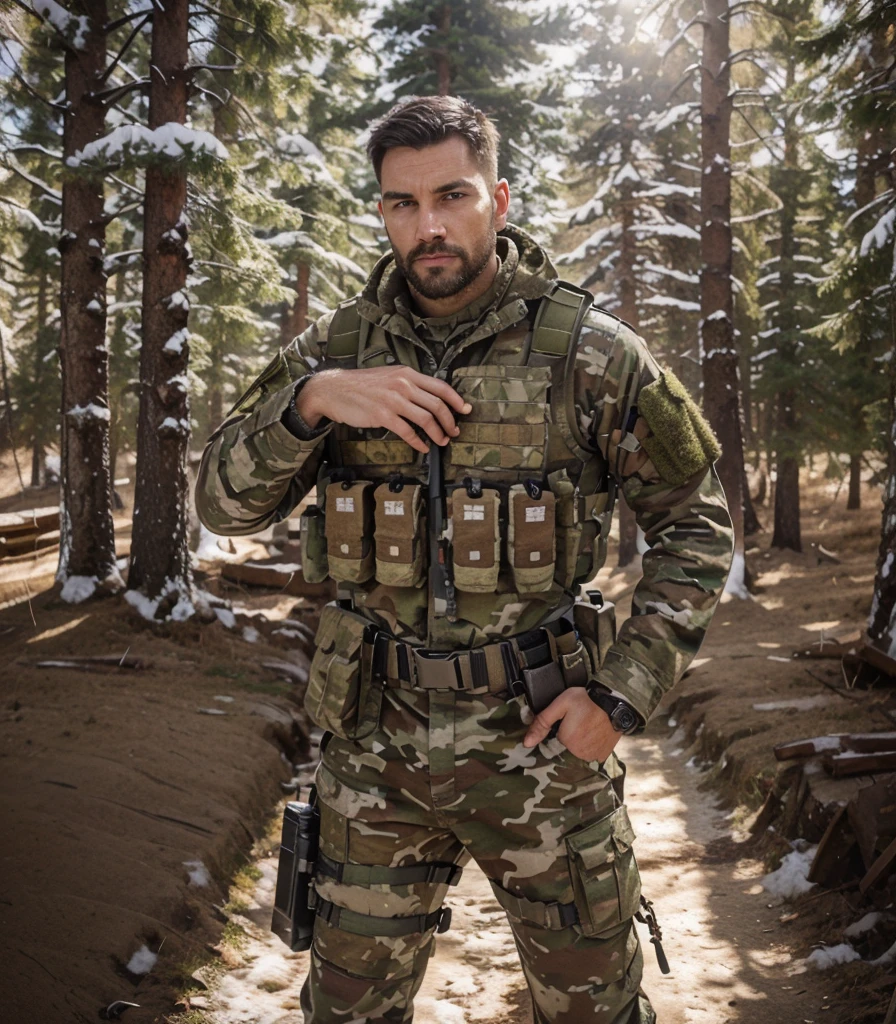 male soldier, British face serious expression, very short military style hair, facial hair, thick military uniform for winter, gray and white camouflage, camouflage bulletproof vest, belt with ammunition, Highly detailed hands, Image background, Snowy forest, Alaskan forest, sunny day, 4k, Ultra detailed image, realistic, Highly detailed, perfect composition, gorgeous, Intricately detailed, incredibly detailed, Art photography 8K, hyper detailed, Masterpiece, Ultra detailed, hyper realistic, 4k, Ultra detailed image, realistic, Highly detailed, perfect composition, beautiful, intricately detailed, incredibly detailed, art photography 8k, hyper detailed, masterpiece