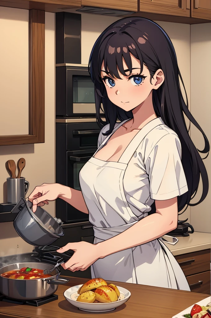 Woman in kitchen, looking at camera while cooking fancy food