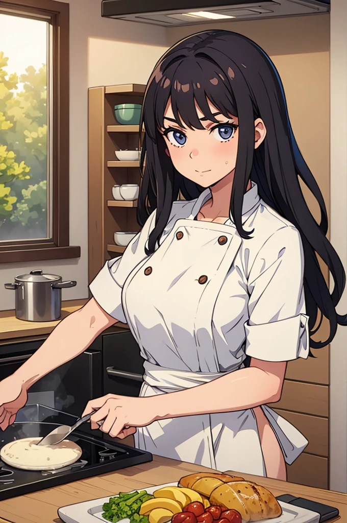 Woman in kitchen, looking at camera while cooking fancy food