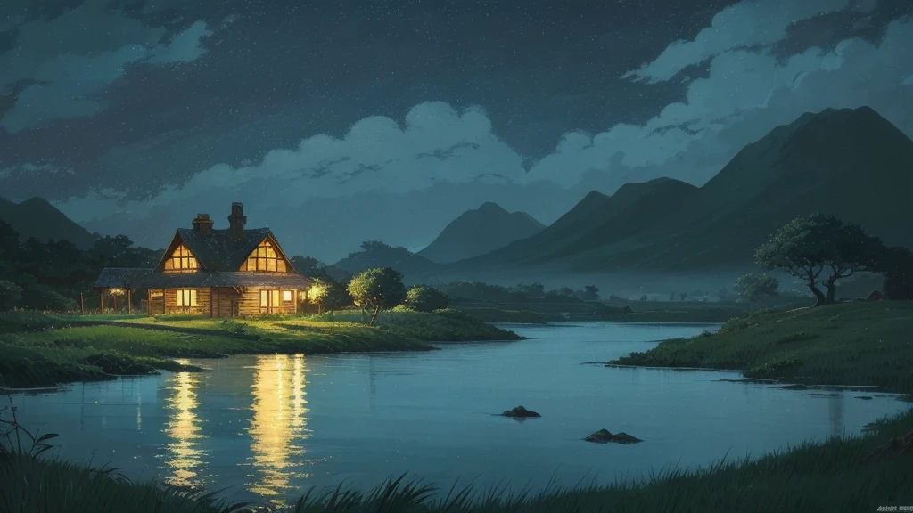 There is a painting of a rural landscape with a house and an island.、Rainy night、Animated picture,Ghibli anime style, アニメのRainy nightの田舎の風景, Scenes from animated movies, Ghibli art style, Ghibli anime movie background,anime nature wallpapers, スタジオGhibli anime style