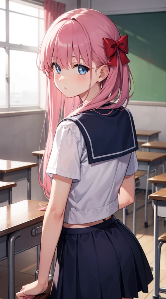 nodokaharamura, nodoka haramura, blue eyes, hair bow, long hair, pink hair, bow,
BREAK blue skirt, kiyosumi , pleated skirt, , serafuku, skirt,
BREAK looking at viewer,
BREAK indoors, classroom,
BREAK (masterpiece:1.2), best quality, high resolution, unity 8k wallpaper, (illustration:0.8), (beautiful detailed eyes:1.6), extremely detailed face, perfect lighting, extremely detailed CG, (perfect hands, perfect anatomy), showing his back side