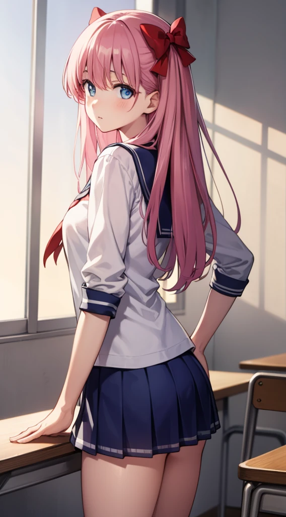 nodokaharamura, nodoka haramura, blue eyes, hair bow, long hair, pink hair, bow,
BREAK blue skirt, kiyosumi , pleated skirt, , serafuku, skirt,
BREAK looking at viewer,
BREAK indoors, classroom,
BREAK (masterpiece:1.2), best quality, high resolution, unity 8k wallpaper, (illustration:0.8), (beautiful detailed eyes:1.6), extremely detailed face, perfect lighting, extremely detailed CG, (perfect hands, perfect anatomy), showing his back side