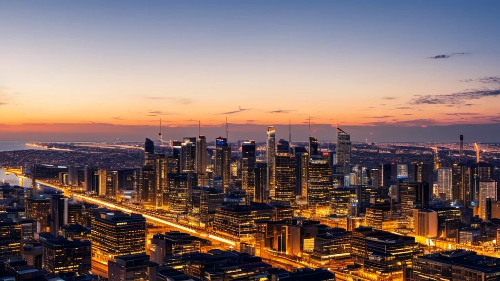 View of the big city from a tall building with tall buildings looking towards the sea lit up with lights, as the sun sets and the sky is golden, with busy streets filled with people enjoying the evening.