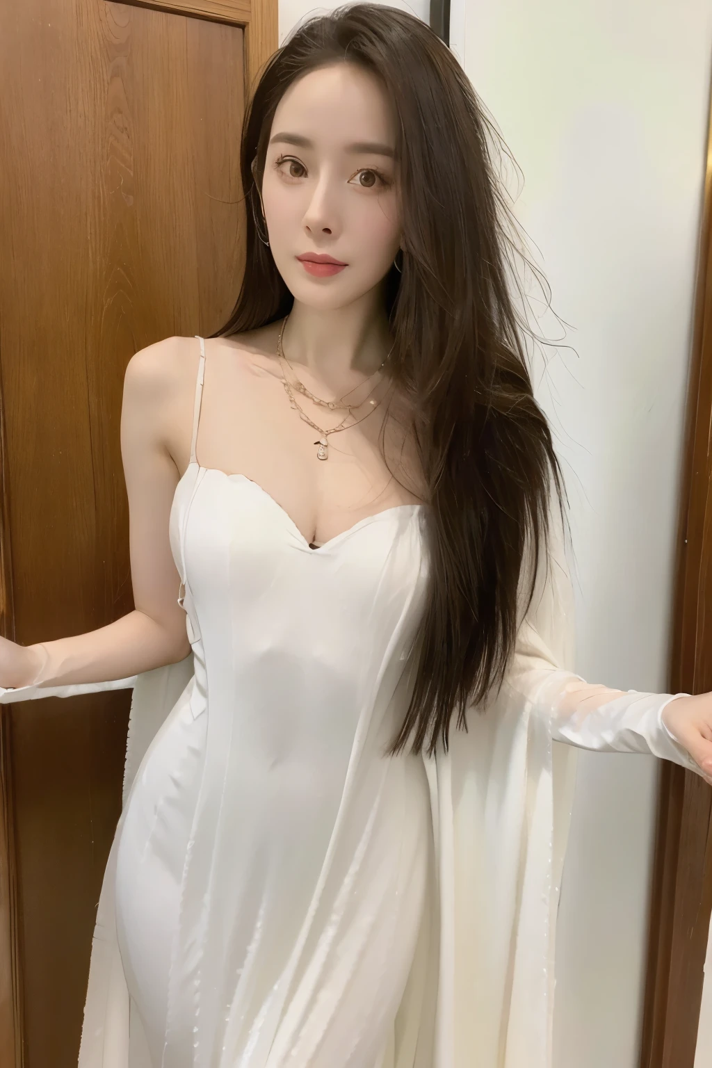 Beautiful woman with perfect body：1.4，Layered Hairstyle，Highly detailed face and skin textures，Double eyelids，Skin Whitening，Long hair，Whitened long legs，（Wedding dress，necklace），Standing by the sea，Half-length photo