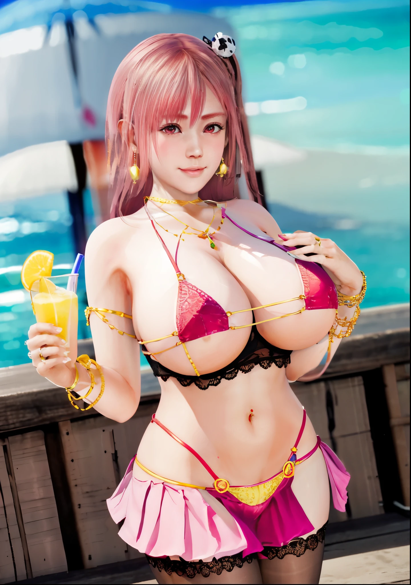 Honoka, Pink bikini ，Super short pleated skirt, bracelet，ring, university student，Pink Hair，Huge breasts，Cleavage，Low-cut，miniskirt，pantyhose，cute，necklace，earrings，beach，drinks，lemon，Sunset，Lace，shy，Ice cream，orange juice