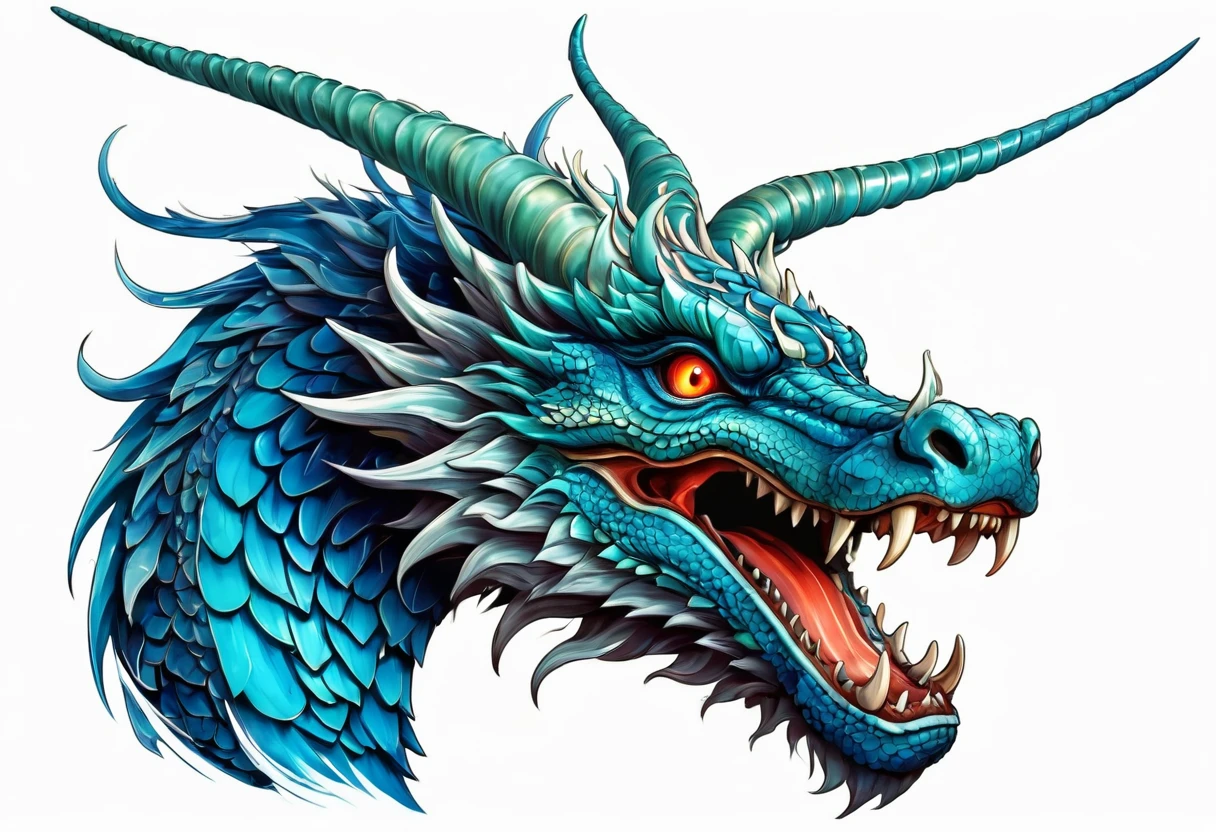 An oriental dragon,Dragon,Faucet,Horns on the head,fear,Scary,Huge teeth,ferocious,(side view:1.2),White background,cartoon,Second Dimension