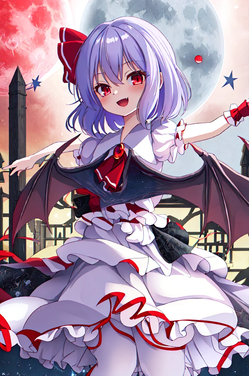 masterpiece, best quality,ultra detail,remilia_scarlet_touhou shiny eyes,shiny hair,star effect,evil smile,stylish angle, fang,red moon night,white clothes,open arms,starburst effect,from below,fullbody shot, yuri, masturbate 