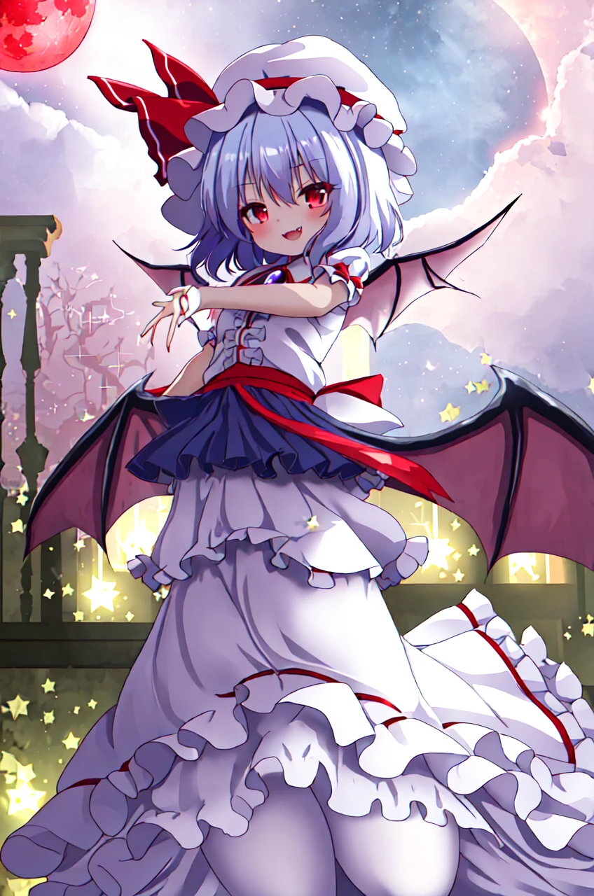 masterpiece, best quality,ultra detail,remilia_scarlet_touhou shiny eyes,shiny hair,star effect,evil smile,stylish angle, fang,red moon night,white clothes,open arms,starburst effect,from below,fullbody shot, yuri, masturbate