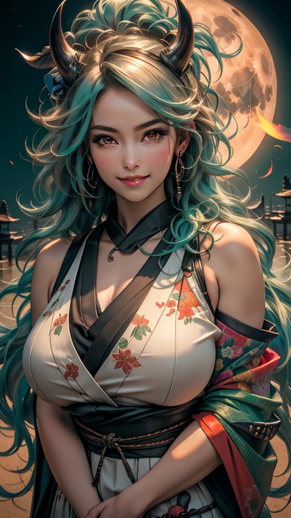 ultra realistic 8k cg, masterpiece, ((ultra detailed background, delicate pattern, intricate detail)), (highly detailed, fine details), best quality, (photorealistic:1.4),beautiful lighting,  absurdres, RAW photo, film grain, ((Big breasts, Masculine girl)), Yamato, long hair, 1girl, horns, white hair, solo, oni, red horns, curled horns, hair ornament, (multicolored horns), jewelry, earrings, japanese clothes, kimono, hair stick, sleeveless, bare shoulders, aqua hair, sidelocks, hoop earrings, hakama, smile, wide smile, ((orange eyes, Masculine girl, Big breasts)), (complex detailed background, barren land, moon, portrait, close-up),