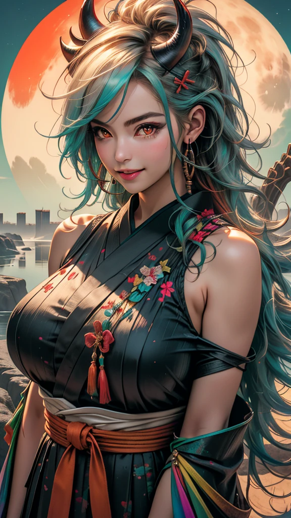 ultra realistic 8k cg, masterpiece, ((ultra detailed background, delicate pattern, intricate detail)), (highly detailed, fine details), best quality, (photorealistic:1.4),beautiful lighting, absurdres, RAW photo, film grain, ((Big breasts, Masculine girl)), Yamato, long hair, 1girl, horns, white hair, solo, oni, red horns, curled horns, hair ornament, (multicolored horns), jewelry, earrings, japanese clothes, kimono, hair stick, sleeveless, bare shoulders, aqua hair, sidelocks, hoop earrings, hakama, smile, wide smile, ((orange eyes, Masculine girl, Big breasts)), (complex detailed background, barren land, moon, portrait, close-up),
