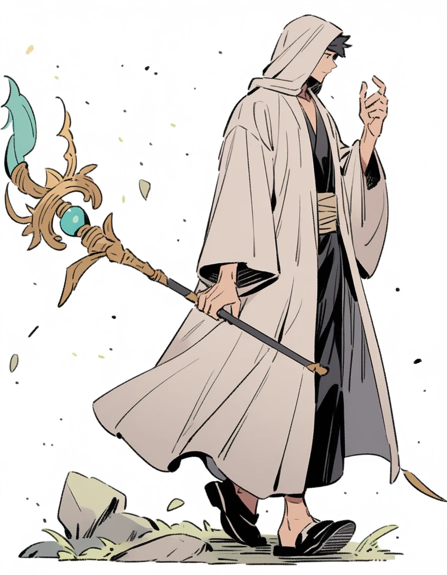 Man in ancient robe walking with a staff in his hand (side image)