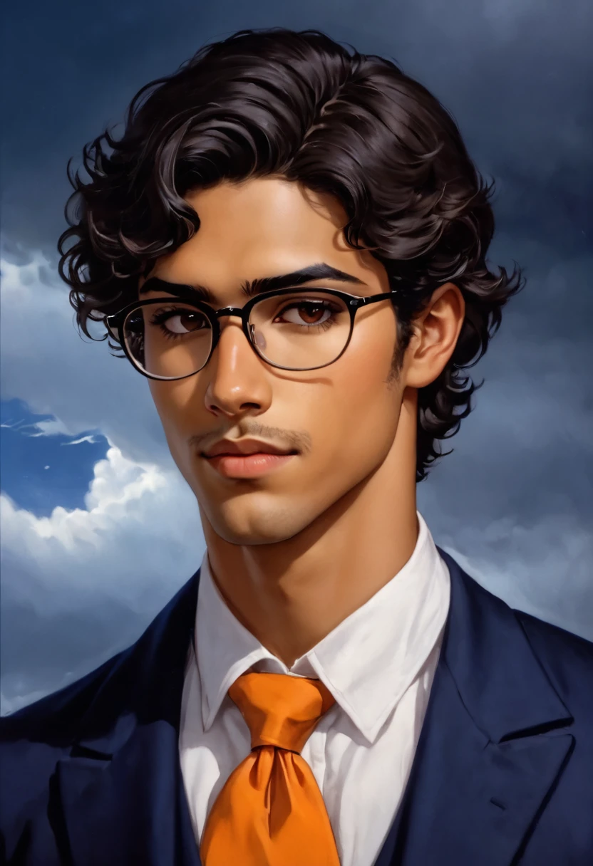 Image painting and photography, 1800's style portrait from side waist up, of a 25-year-old man, latino, short wavy black hair, small black eyes, Roman nose, small mouth thin lips, oval face, wears glasses, slender athletic toned body, tall, realistic soft tan skin, superb and arrogant look, looks straight at the camera, the navy blue jacket dress,  Orange tie, white shirt, holds a black rose, window background watch storm lighthouse