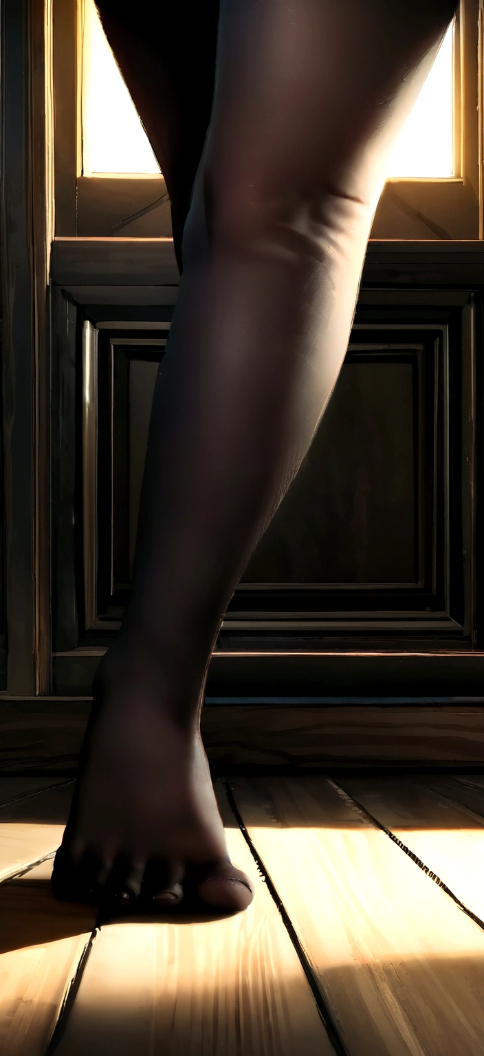 “A photo-realistic image of a person lying on a light brown wooden floor. The person has one leg wearing a sheer black stocking, partially pulled down to reveal the thigh. The other leg is bare and stretched out with the toes pointing upwards. A hand is visible near the bottom of the image, holding the edge of the black stocking. The overall lighting in the image is natural, highlighting the textures of the skin, the black stocking, and the wooden floor.”