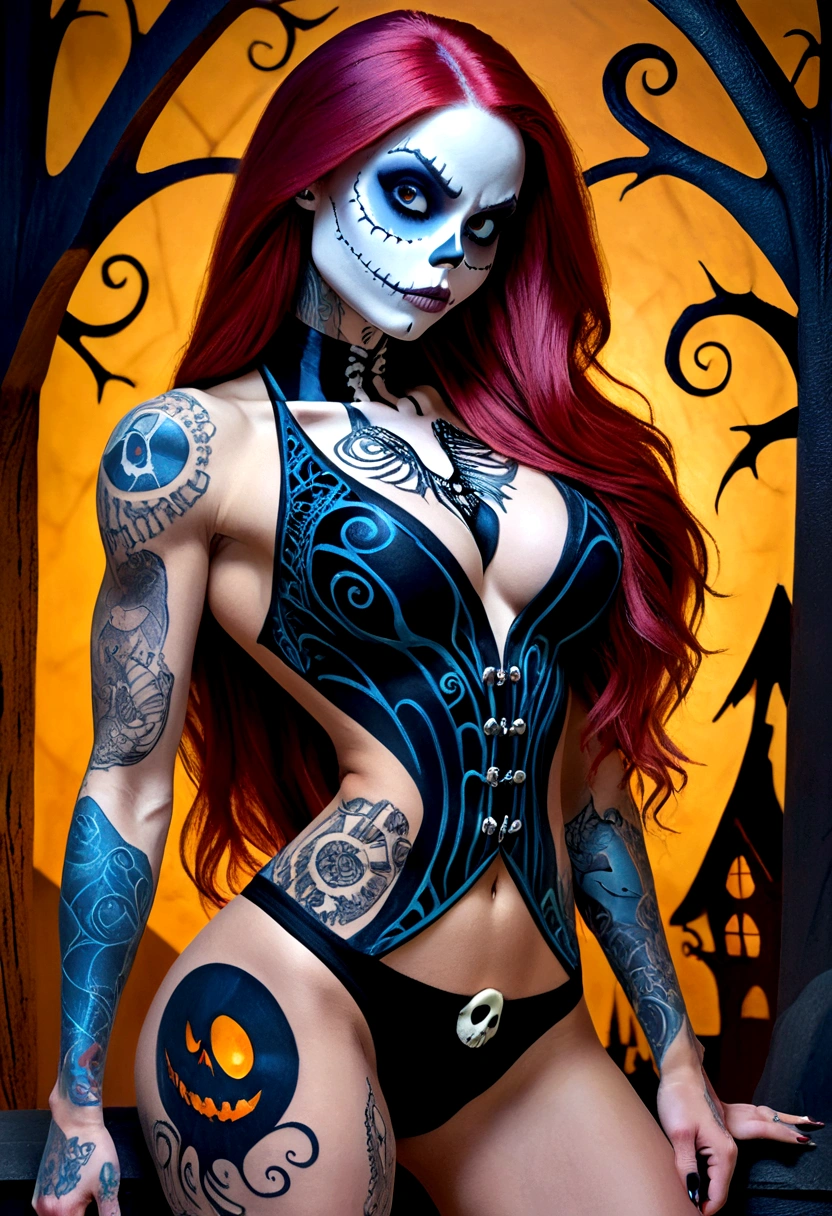 Create a hyper detailed photograph of a nightmare before Christmas tattooed muscular young sexy sally Skellington, Stunningly perfect gorgeous face, perfect makeup,detailed vibrant eyes, long hair, big beautiful muscular legs, big beautiful muscular arms, big back muscles, realistic torso, muscular abs, detailed smooth skin, big breast, big muscular ass, sexy seductive lace thong, back to viewer looking forward,
