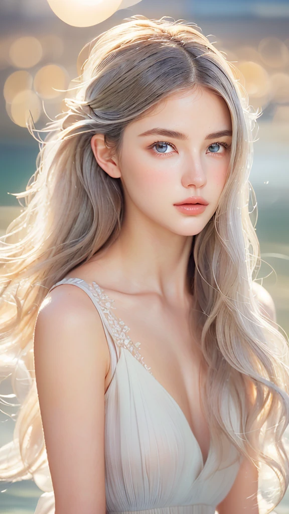 score_9,score_8_up,score_7_up,,(realistic: 1.4), (masterpiece, side lighting, beautiful and delicate eyes: 1.2), masterpiece*portrait, low water, 20-year-old,realistic face, 3d face, bright eyes, romance gray voluminous hair, Glossy skin, alone, embarrassing, Bold lighting