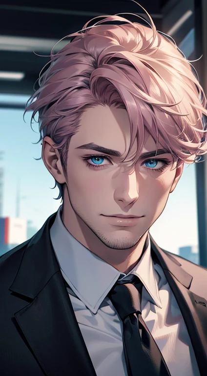 (best quality,4k,8k,highres,masterpiece:1.2),ultra-detailed,(realistic,photorealistic,photo-realistic:1.37),1 man,31 years old,mature man,very handsome,without expression,smile,short grey pink hair,blue eyes,penetrating gaze,perfect face without errors,imposing posture,businessman,office background,cinematic lighting,hdr image