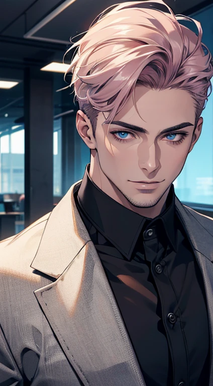 (best quality,4k,8k,highres,masterpiece:1.2),ultra-detailed,(realistic,photorealistic,photo-realistic:1.37),1 man,31 years old,mature man,very handsome,without expression,smile,short grey pink hair,blue eyes,penetrating gaze,perfect face without errors,imposing posture,businessman,office background,cinematic lighting,hdr image