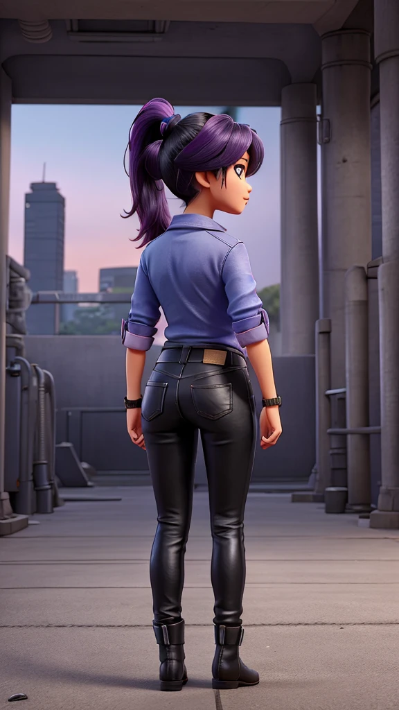 Asian adult woman with pink eyes and dark blue hair tied at the back with a ponytail and part of the hair loose near the back of the head with bangs on the face divided into three strands, with part of the strands being dyed pink, She wears a black leather jacket with a purple shirt underneath holding a katana in a sheath that is clipped to her dark gray jeans with shiny black leather boots in a secret base in an underground parking lot