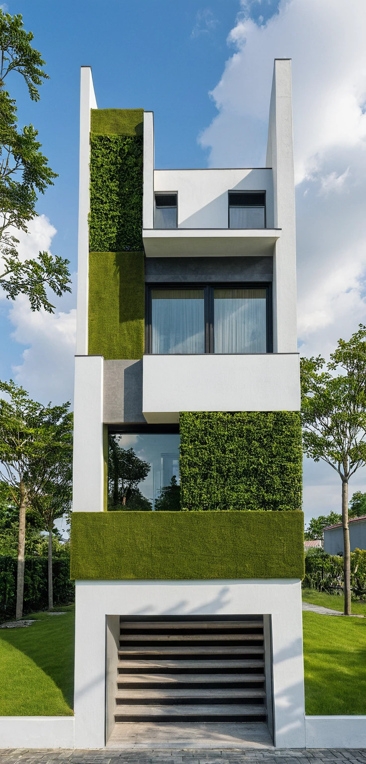 Masterpiece, high quality, best quality, authentic, super detail, outdoors, onestoreyvillaXL, aiaigroup, house style modern on the street ,stairs, white wall ,road,pavement, grass, trees, sky, cloud, (daylight:1.1)
