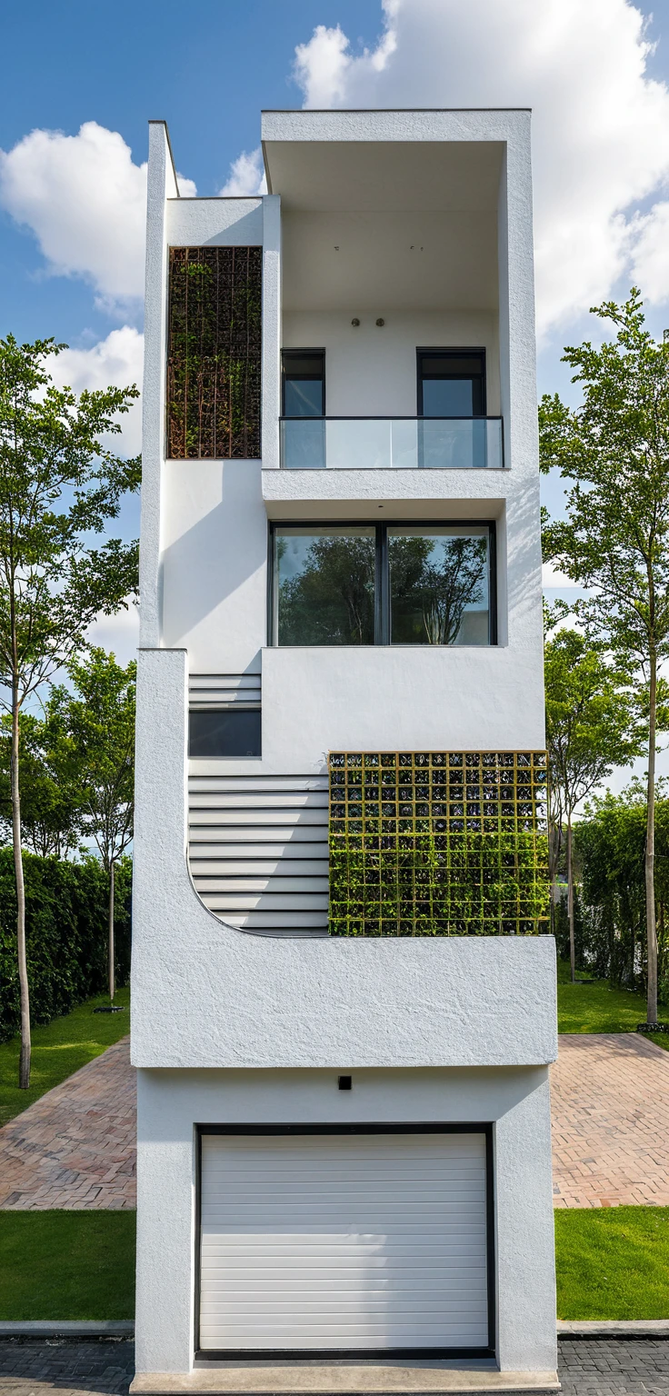 Masterpiece, high quality, best quality, authentic, super detail, outdoors, onestoreyvillaXL, aiaigroup, house style modern on the street ,stairs, white wall ,road,pavement, grass, trees, sky, cloud, (daylight:1.1)