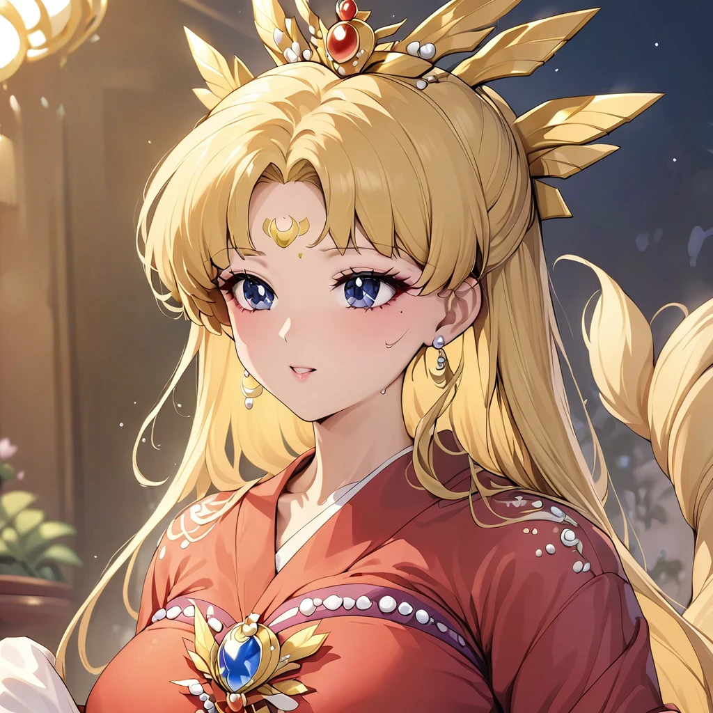 ((Highest quality)), ((masterpiece)), (detailed), (Perfect Face)、The woman is Empress Tsukino Usagi, wearing a gorgeous and glittering red Hanfu, luxurious jeweled accessories, and a Phoenix crown, with her long blonde hair tied in a chignon.