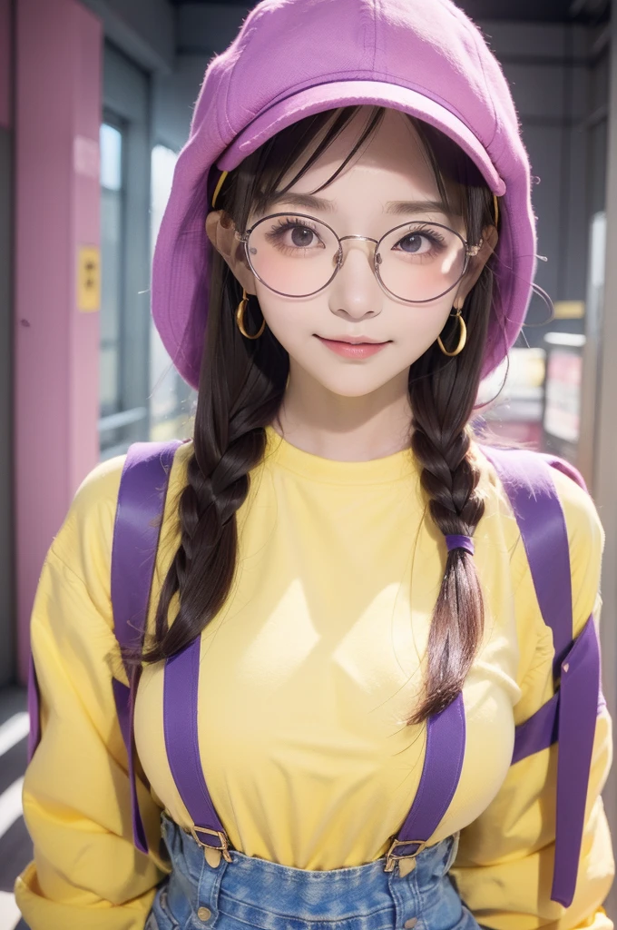 animeARALE,hair(purple、Shoulder length)、Big glasses、hat(red、Hat brim yellow、hatの左右に羽が付いてる)、Overalls up to the chest、Pink T-Shirts、girl、high quality、high resolution、cute、Slightly round face
