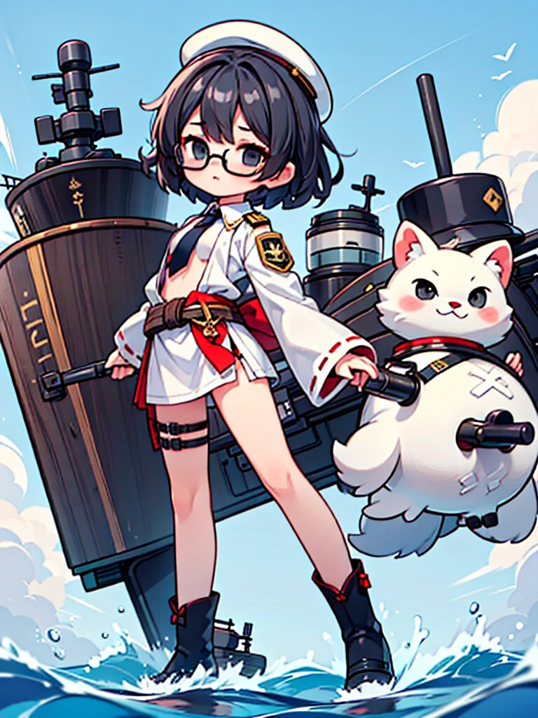 ((((Full body of a woman with perfect flat chest、solo、Short unkempt black hair、Tie your messy hair at the nape of your neck、white military jacket、Miko costume、tights、Black glasses、White military cap、Cloudy black eyes、Sleepy expression、Falcon Hair Accessories、Eagle hair accessory)))), (((masterpiece))), (((Shipgirl))), ((Floating on the morning sea with both feet)), (Spread your legs wide open), (Hold the turret with your right hand), (Mechanical arms extending from the waist are used to equip the ship with battleship equipment.), (Equipped with a turret on the back), (Holds the turret with his left arm), Shotgun shells are attached to the thigh with a belt, Spreading the Machine's Wings, Machine tail, shotgun,