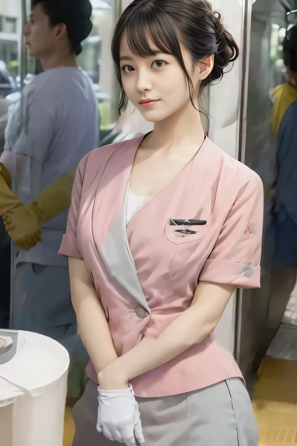 (masterpiece:1.2, Highest quality:1.2), 32k HDR, High resolution, (alone、1 girl)、 (Height: 160cm)、（On the rooftop of a building in the daytime、Professional Lighting）、Building rooftop background、（Nankai train crew uniform pinkを着たリアルスタイル）、（Nankai train crew uniform pink short sleeve collarless pink jacket、Nankai Train Crew Uniform Pink Collarless Short Sleeve Blouse、Nankai Train Crew Uniform Pink Grey Knee-length Culottes）、（The pink jacket is showing from the culottes.）、Dark brown hair、（Hair tied up、Hair tied up、Evening curly hairstyle）、Dark brown hair、Long Shot、Big Breasts、Thin legs、（（Great hands：2.0）），（（Harmonious body proportions：1.5）），（（Normal limbs：2.0）），（（Normal finger：2.0）），（（Delicate eyes：2.0）），（（Normal eyes：2.0））)、smile、（Nankai Train Crew Uniform Pink Grey Knee-length Culottesを見せた美しい歩く姿）、Place your hands around your stomach
