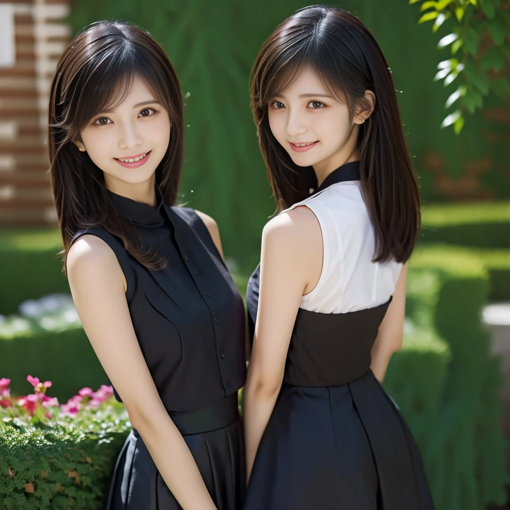 front　Intellectually cool　Modest smile　Black Hair Semi-Long　with collarsleeveless　mini skirt　background、garden