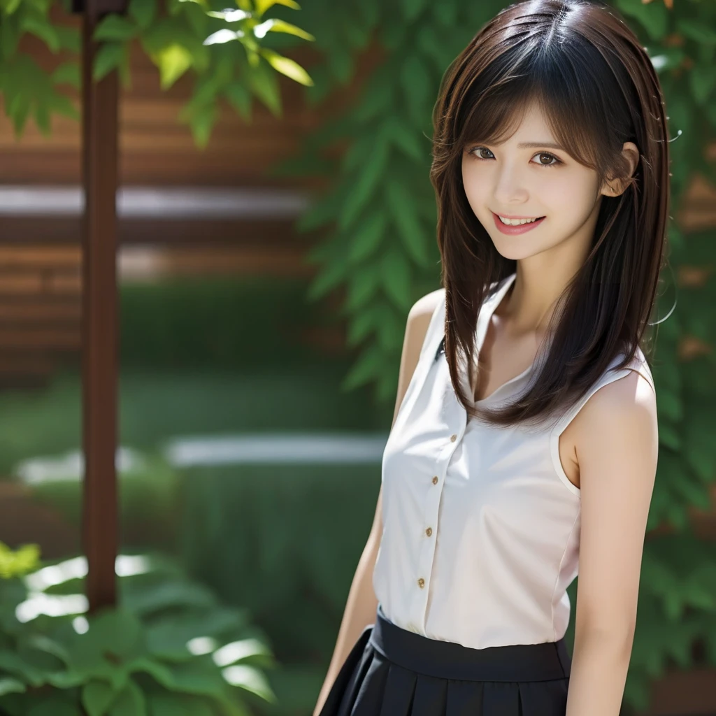 front　Intellectually cool　Modest smile　Black Hair Semi-Long　with collarsleeveless　mini skirt　background、garden