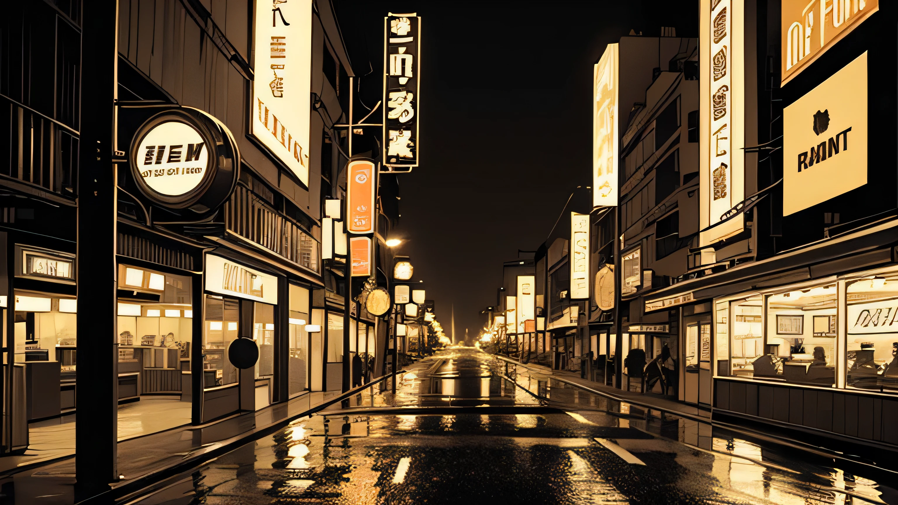 Retro night city, neon signs, road surface after rain, sepia tone, soft light, nostalgia, urban night, 8-bit style pixel art elements, film grain effect