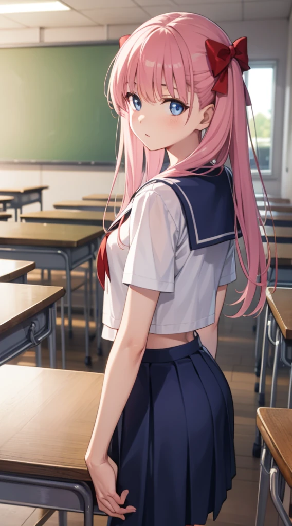 nodokaharamura, nodoka haramura, blue eyes, hair bow, long hair, pink hair, bow,
BREAK blue skirt, kiyosumi , pleated skirt, , serafuku, skirt,
BREAK looking at viewer,
BREAK indoors, classroom,
BREAK (masterpiece:1.2), best quality, high resolution, unity 8k wallpaper, (illustration:0.8), (beautiful detailed eyes:1.6), extremely detailed face, perfect lighting, extremely detailed CG, (perfect hands, perfect anatomy), showing his back side hips
