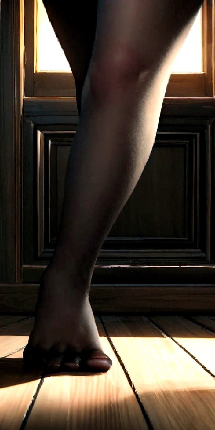 “A photo-realistic image of a person lying on a light brown wooden floor. The person has one leg wearing a sheer black stocking, partially pulled down to reveal the thigh. The other leg is bare and stretched out with the toes pointing upwards. A hand is visible near the bottom of the image, holding the edge of the black stocking. The overall lighting in the image is natural, highlighting the textures of the skin, the black stocking, and the wooden floor.”