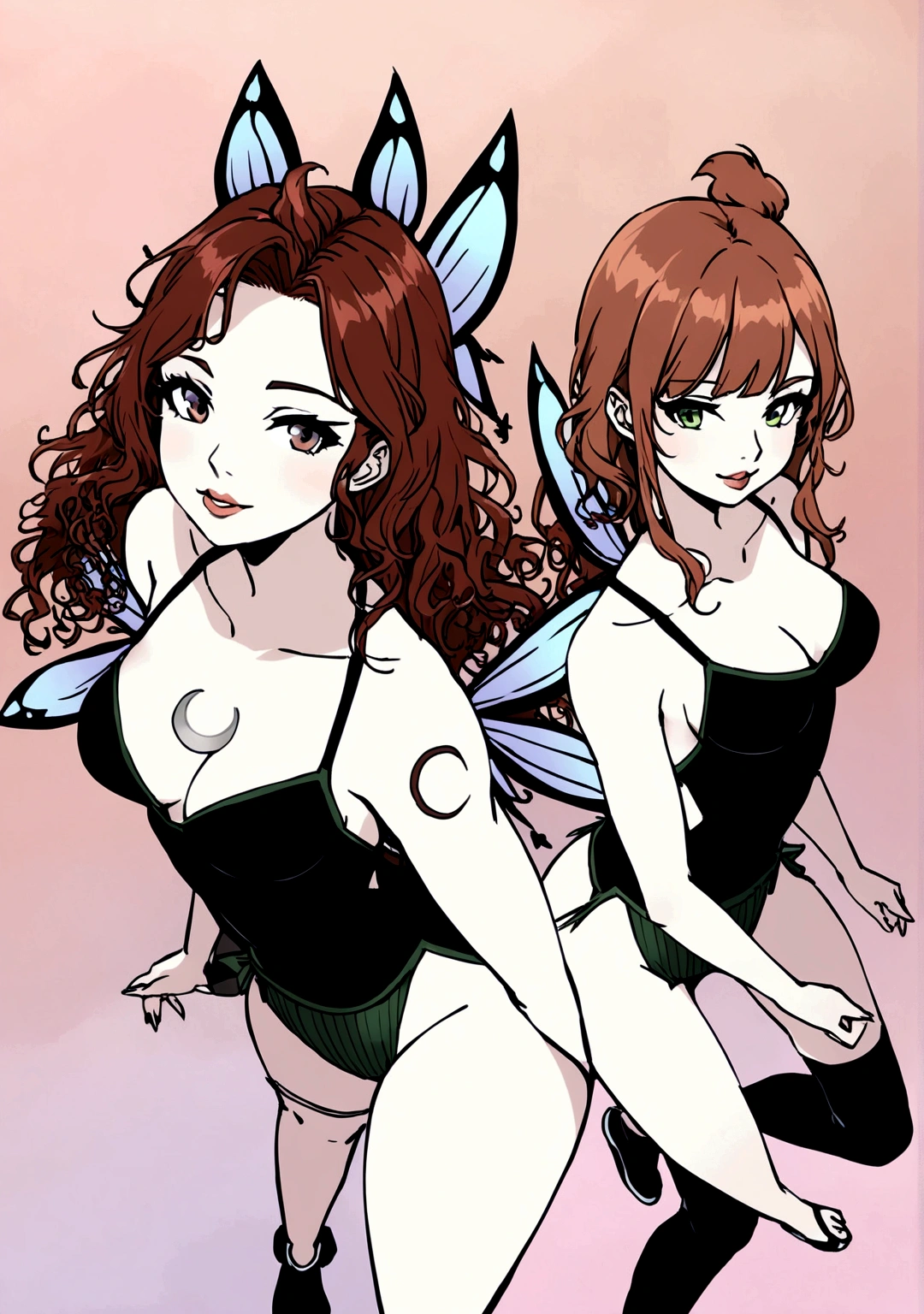 a red-haired fairy, curled hair, tattoo of a half moon on the chest, big-ass