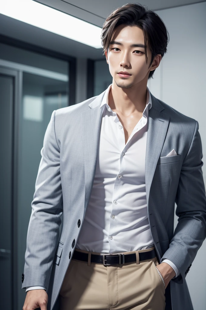 Casual pose, (extremely delicate and beautiful work), (masterpiece), 1boy, overbearing president, white shirt, high detail, suit, watch, cold expression, clear eyes, simple bokeh background, extreme detail depiction, handsome and compelling, super fine painting, delicate face, fine mix4, (8k, RAW photo, best quality, masterpiece: 1.2), (realistic, realistic: 1.37), 1boy, handsome, cityscape, (((night))), rain, wet, professional lighting, photon mapping, radiosity, physically-based rendering,