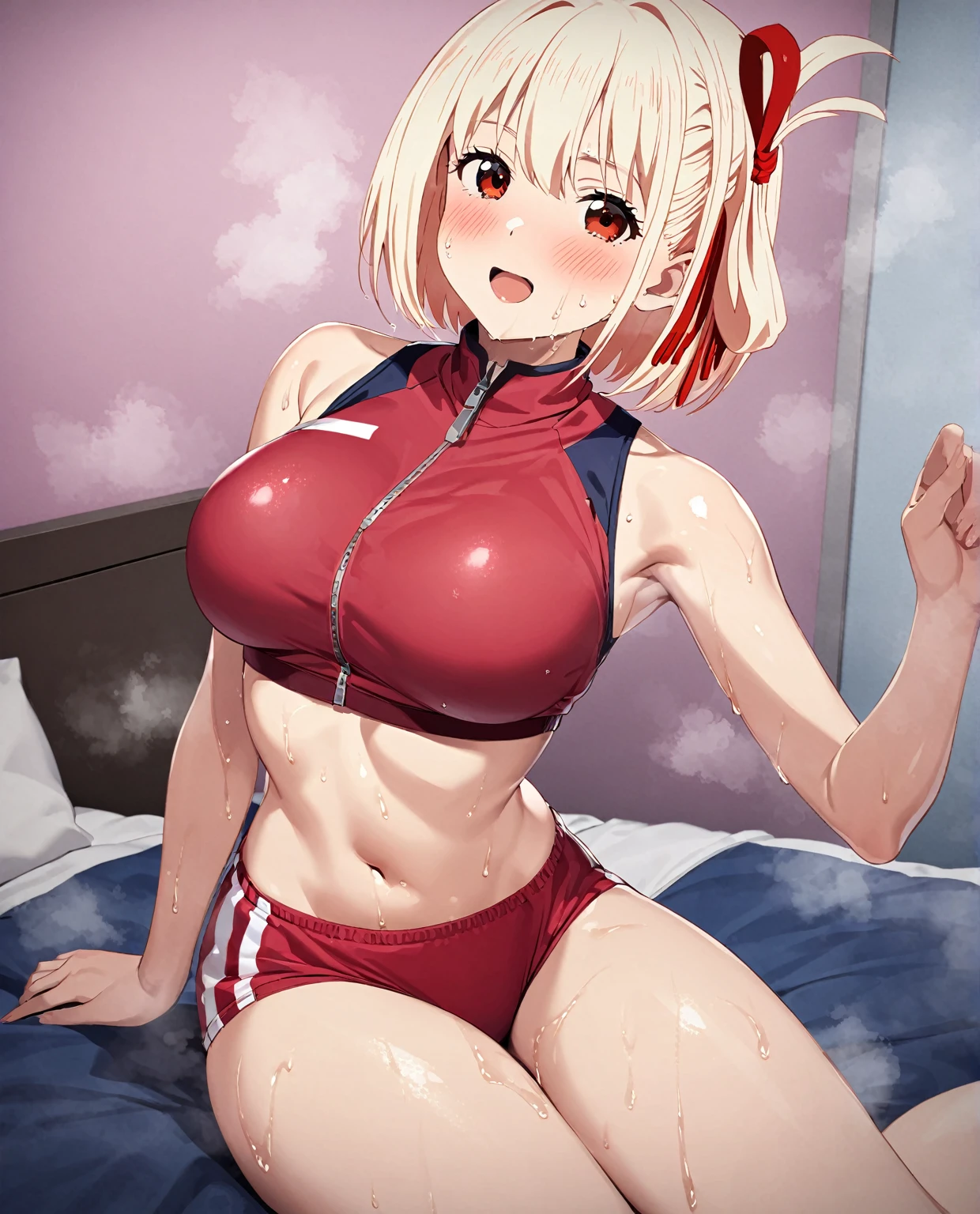 ((nishikigi chisato,red hairribbon,sports bikini, red buruma, zipper pull tab, sportswear, buruma, crop top, stomach, thighs, bare shoulders, navel)),nsfw,((solo girl)),((Perfect body,))((Super beautiful,))((High quality,)), (sweaty,wet fullbody,)Steam,blush,Shiny,(half open eyes,,)love hotel room,pov,Looking at Viewer,big breast,half open eyes,smile,open mouth,((handjob,squeeze penis with hand,ejaculating)),(bukkake,cum on face,cum on hair,cum on fullbody,cum in mouth,)