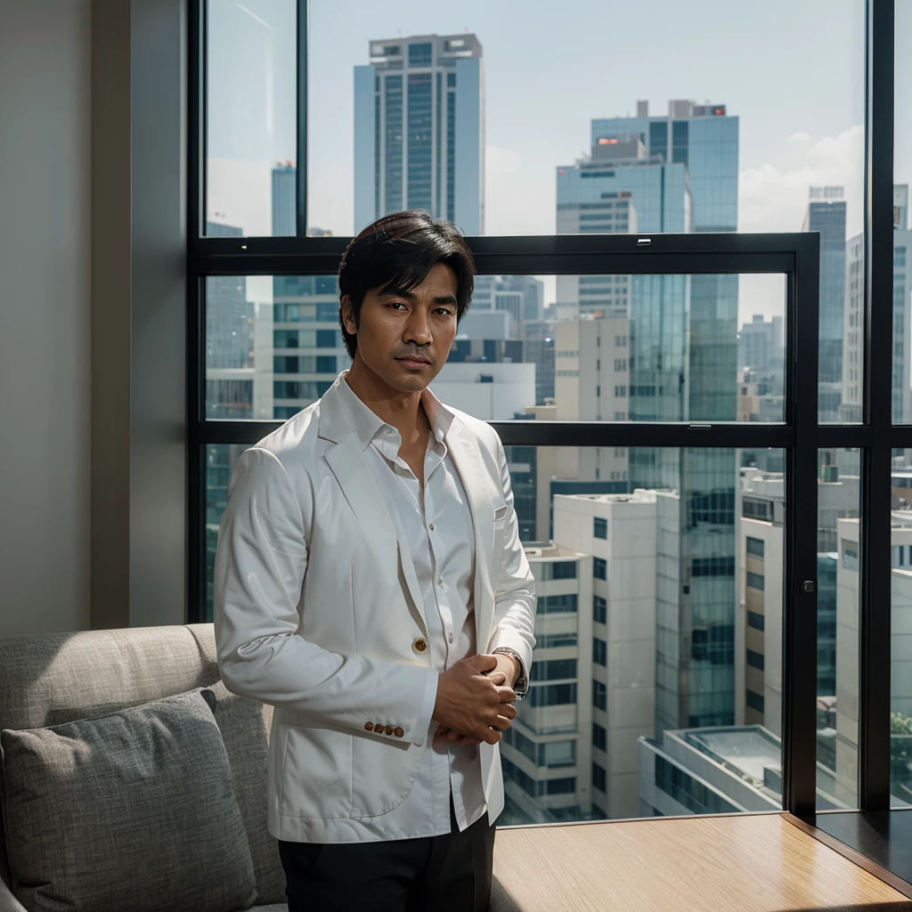 "Generate a hyper-realistic image of a wealthy Oriental executive man in his mid-40s. He has a serious and slightly sad expression, with downturned lips. He has short black hair and is wearing a white shirt with a black suit jacket over it. The background features a luxurious office setting with large windows showcasing a panoramic city skyline. The lighting is soft, highlighting his face and leaving the background with a diffused glow."

