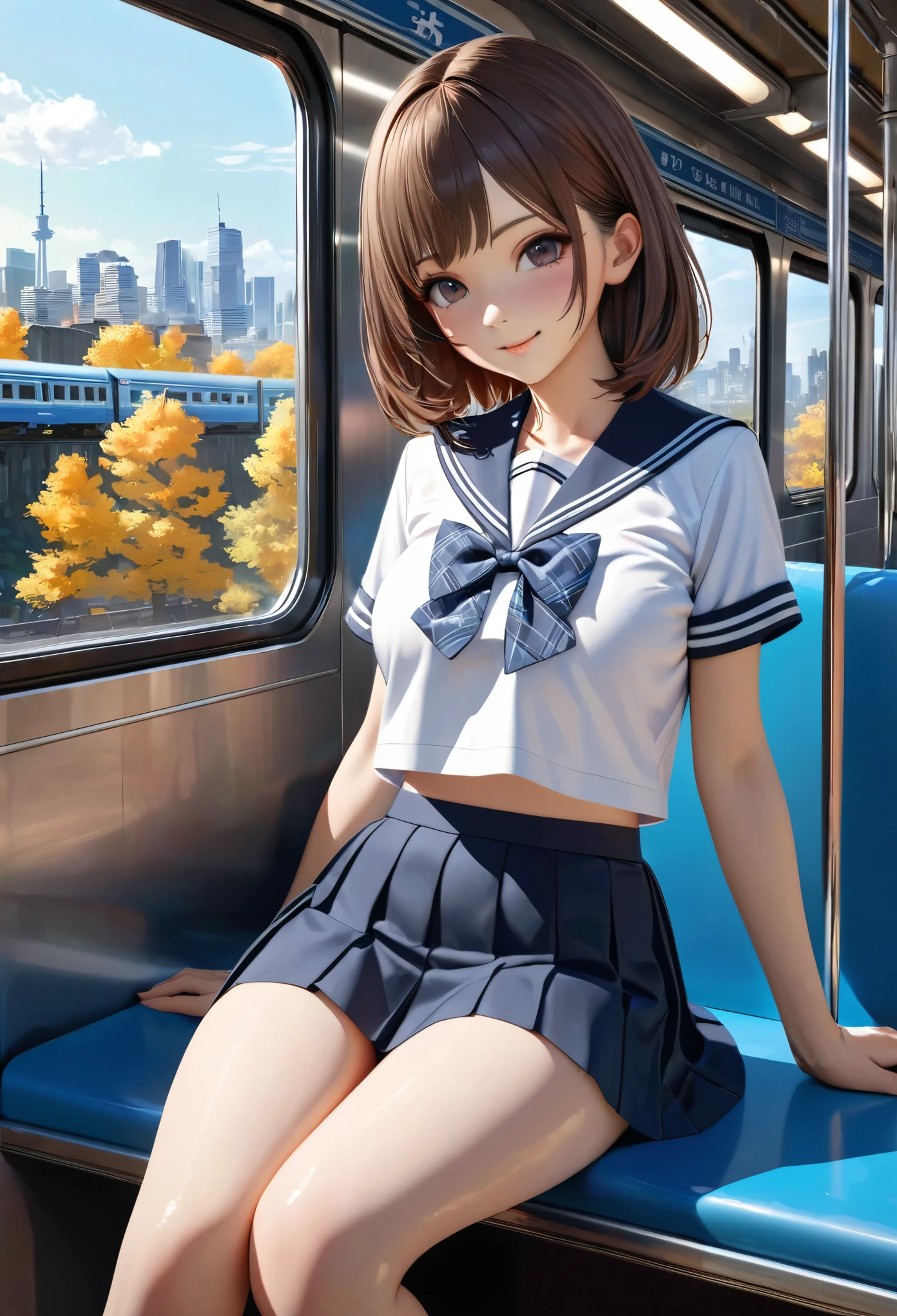 (masterpiece:1.3), (8K、Realistic, RAW Photos, Highest quality:1.2), ((A cute, beautiful girl is staring at me on the commuter train)), (Very beautiful 14 year old Japanese girl), (1 Girl), (soro), (cute:1.3), Symmetrical perfect face, nice smile, Red cheeks, (Skin with attention to detail: 1.2), Photorealistic Anime Girl Rendering, Realistic anime 3D style, Beautiful brown bob hair, Intense black eyes, Strong eye highlights, (Accurate and natural normal size breasts), Perfect Anatomy, My hair is messy, (Sailor suit), ((Navy colored white short sleeve shirt, High school girl , Navy Pleated Skirt, navy blue plaid bow tie, mini skirt)), (Luxury silk bra and panties), Accurate Arm, Five Fingers, Accurate legs, morning, (Beautiful Landscape Background), (Downtown), On the bench, get up, Volumetric lighting, Soft Light, bright, neon, bright colors