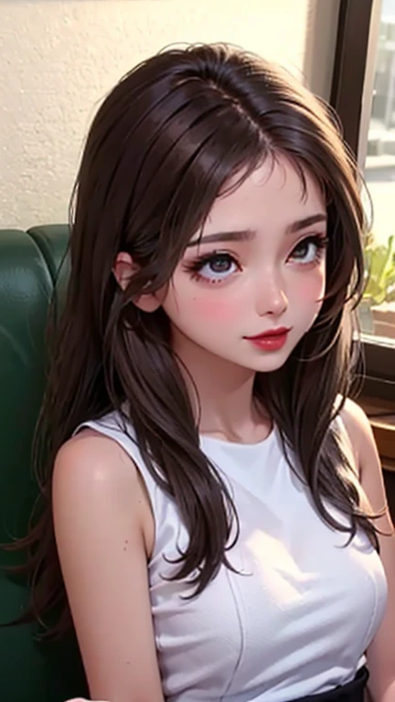 blush a little and smile, (Top quality masterpiece:1.2) Delicate illustrations, Very detailed, /Beautiful Japanese Women、1 person,Very cute and slim、Great style 、((8K images、super high quality))、Very delicate face, Skin and Hair、beautifule forehead、Red lipstick、(((((Mid-length hair、Brown Hair、lure))))),Very cute Japanese cut face、Eyes and nose are clearly visible、Kind eyes,((((Sleeveless fashion))))
