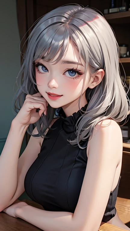 blush a little and smile, (Top quality masterpiece:1.2) Delicate illustrations, Very detailed, /Beautiful Japanese Women、1 person,Very cute and slim、Great style 、((8K images、super high quality))、Very delicate face, Skin and Hair、beautifule forehead、Red lipstick、(((((Mid-length hair、Silver Hair、lure))))),Very cute Japanese cut face、Eyes and nose are clearly visible、Kind eyes,((((Sleeveless fashion))))