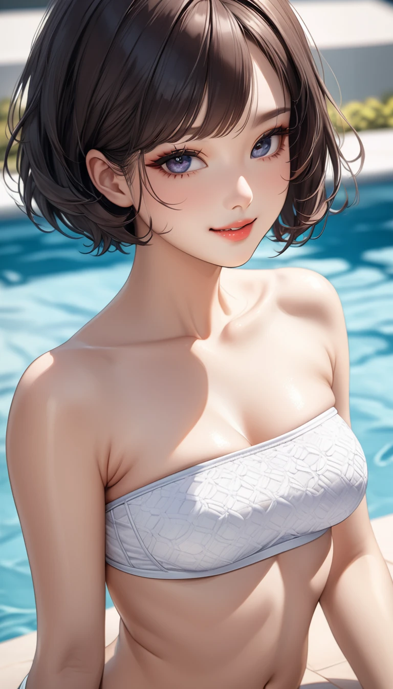 (((masterpiece))),(((High resolution)))、(((8K quality)))、(((perfect face)))、(((Korean beauty))), 30 years old, (((tube top))), sexy bikini, panty, look at the camera, ((high resolution face)), ((top quality eyes)), ((detailed texture)), sexy smile, short hair, at the pool