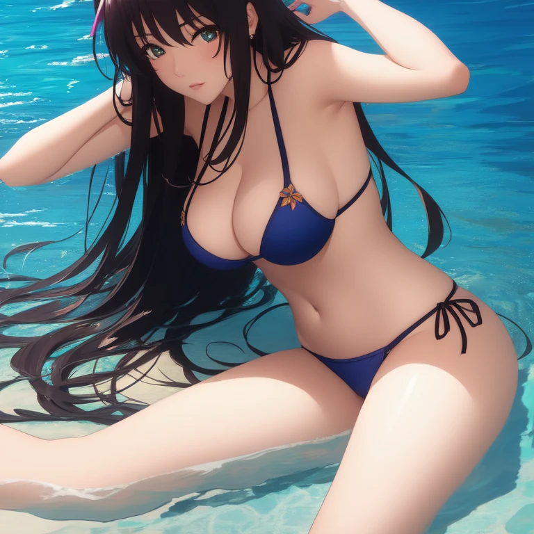 A woman in a bikini is lying on a bed, Enchanting anime girl, Realistic Bikini, By Kentaro Miura, Sexy pose, Swimwear, Beautiful Anime Girls, tits, chic, Cute sexy ass, Bend your body, (Detailed), Beautiful pose, Anime with attention to detail, Pixiv 3DCG