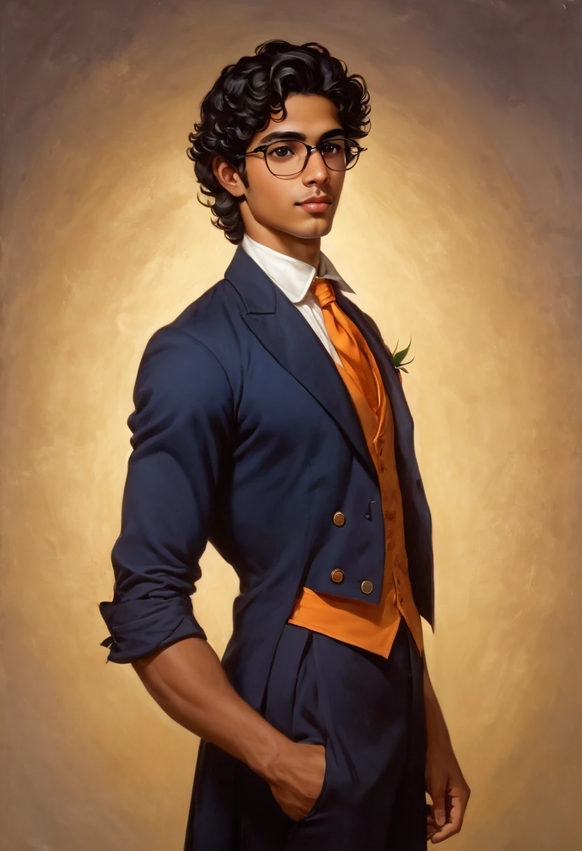 Image painting and photography, 1800's style portrait from side waist up, of a 25-year-old man, latino, short wavy black hair, small black eyes, Roman nose, small mouth thin lips, oval face, wears glasses, slender athletic toned body, tall, realistic soft tan skin, superb and arrogant look, looks straight at the camera, the navy blue jacket dress,  Orange tie, white shirt, holds a black rose, window background watch storm lighthouse