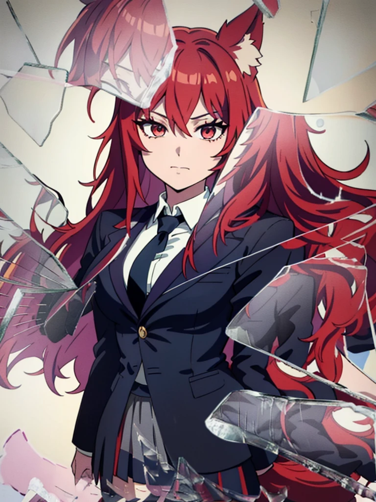 1girl ,solo,20s,mature female,red hair,long hair,fox ears,(white background, line drawing),shirt,black standard tie,blue blazer,long sleeves, black pleated skirt,IncrsBrknGls,broken glass, reflection