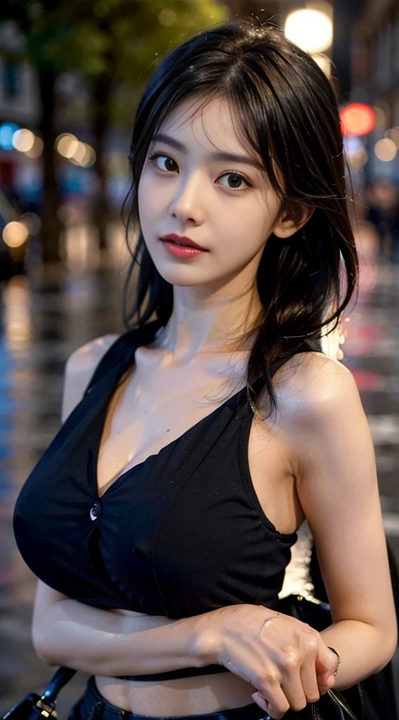 ((Highest quality, 8K, masterpiece:1.3)), sharp:1.2, Beautiful woman with perfect figure:1.4, Slim Abs:1.2, ((Layered Hairstyles, Huge boobs:1.2)), (Wet black button-up shirt:1.1),(rain,Street:1.2),get wet:1.5,Highly detailed face and skin texture,Detailed eyes,double eyelid