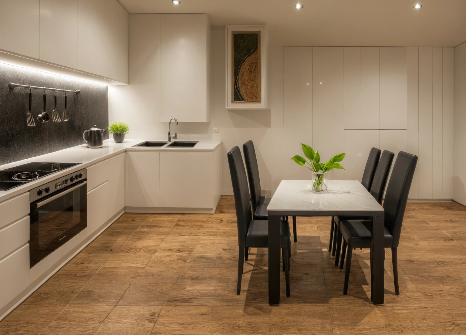 Modern kitchen, faucet, kitchen cabinets, kitchen shelves, dining table, electric stove, gas stove, deodorizer, decorative lights, leb