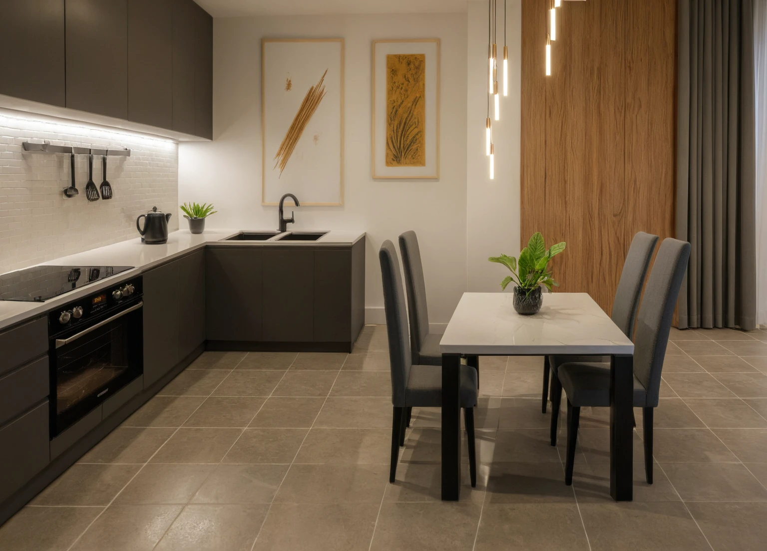 Modern kitchen, faucet, kitchen cabinets, kitchen shelves, dining table, electric stove, gas stove, deodorizer, decorative lights, leb