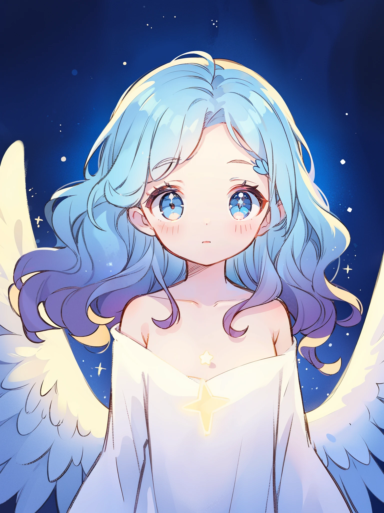 angel girl wearing an ethereal white dress made of feathers, pale skin, ((blue gradient wavy hair)), white feathers, angel wings, sparkling detailed eyes, golden ratio face, perfect composition, highly detailed, ethereal, (starry night sky background), midjourney style