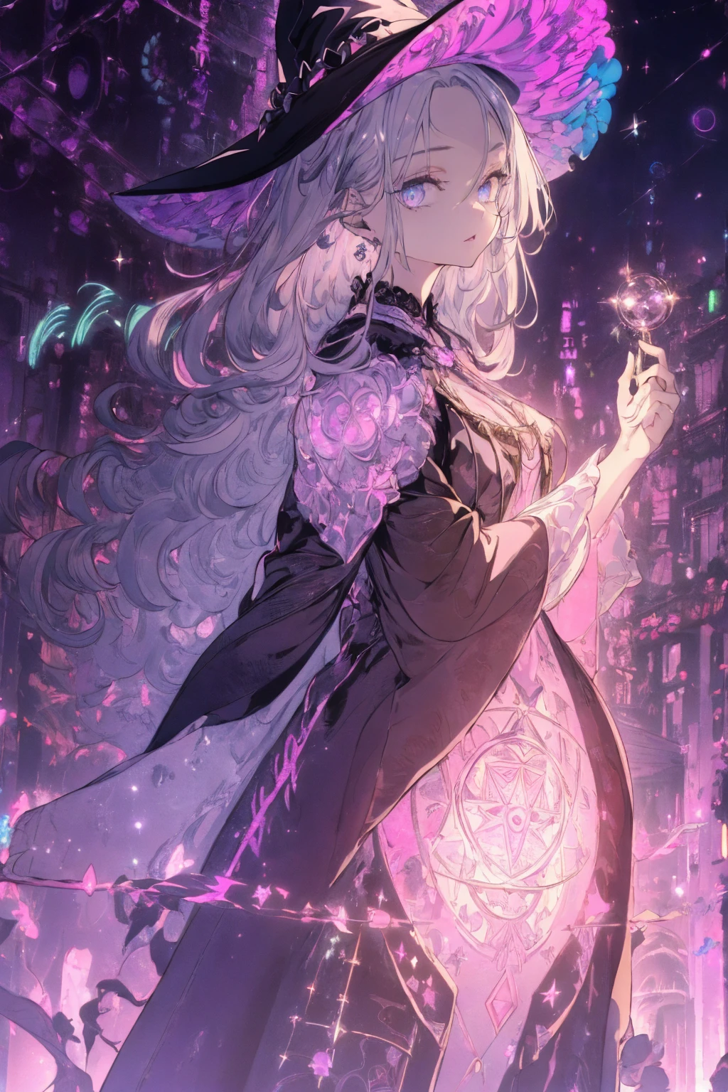 (witchcraft photo:1.1,in neon downtown:1.5), Masterpiece, best quality, (very detailed CG unity 8k wallpaper), (best quality), High definition RAW color art, Animation,sculptures, (pink Marble Skin), (((Ultra detailed elegant))), Magical atmosphere, Detailed skin, Texture,(Intricately detailed, Fine detail, ultra-detail art), depth of fields, bokeh, Silky Touch, Hyper Detail, beautiful eyes, Elegant Face, (ローブ), sparkle background, (silver hair), pastel purple, fat, shorthair, dress, フリル, witchcraft hat, round glass
