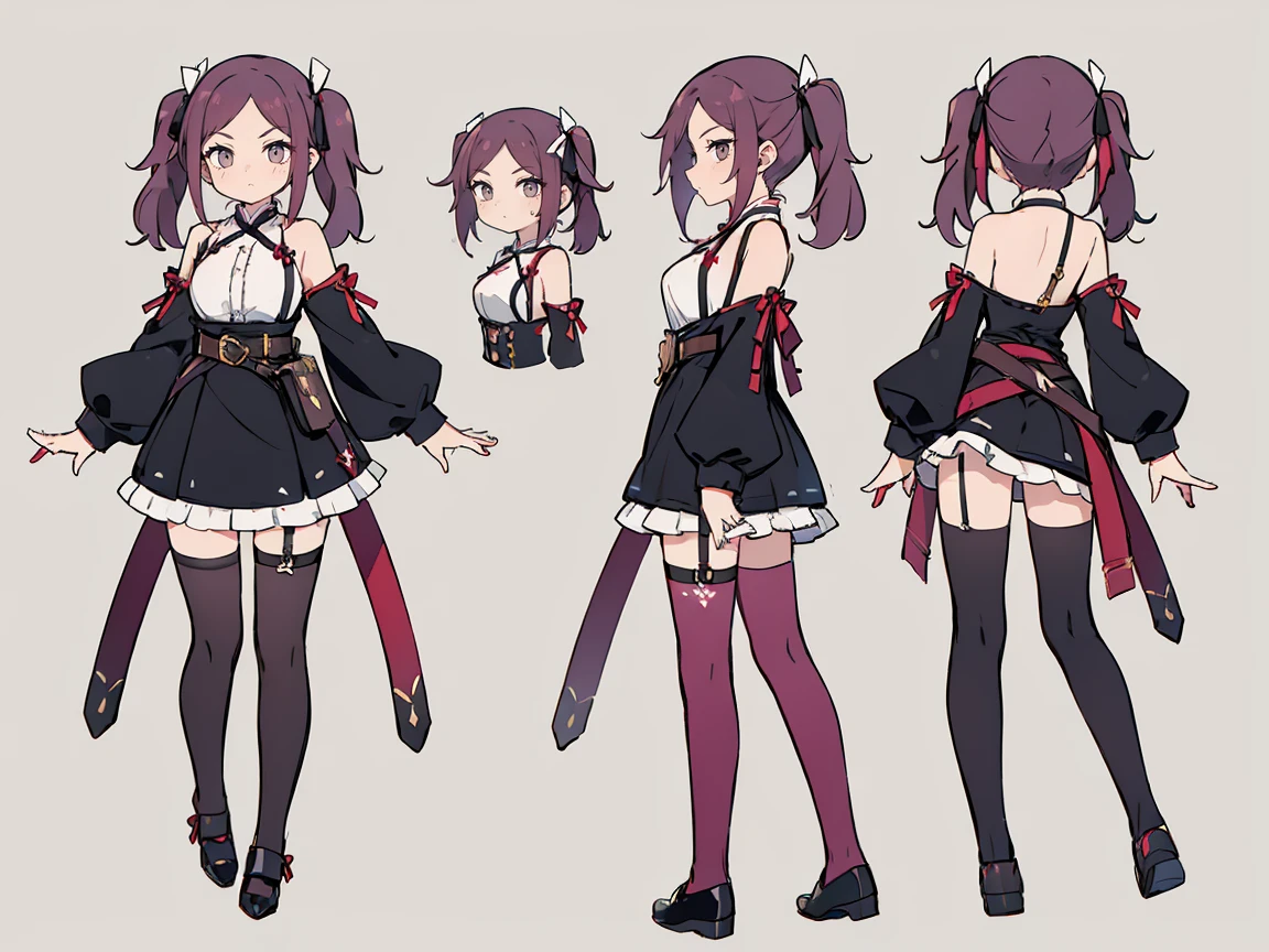 (((three-sided view, front view, side view, back view, multiple views, multiple poses and expressions, many parts)), concept art, character concept art, character sheet, Full body, illustration, (simple background, gray background), 1 character, 1girl, fantasy art:1.1), (kishou:0.7), jigokuraku, girls with((reddish purple hair, bangs, (two side up, twintail, long wavy hair, ribbon:1.55), perfect hands, perfect fingers, (exposed breasts, tits cleavage, breasts close up, full back:1.2), dress((suspenders, dress, belt, nun:1.15), (chinese clothes, frills shirt, no sleeves, sleeveless, frills panniers, long sleeves, white legwear, thighhighs, single thighhighs, single legwear, black footwear, strap shoes:1.42))